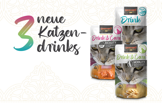 Schwarzer Text auf weißem Hintergrund "3 neue Katzendrinks". Rechts daneben sind drei neue Produkte zu sehen. 1. Drink and Care Beauty 2. Drink and Care Mobility 3. Drink Atlantic Cod.
