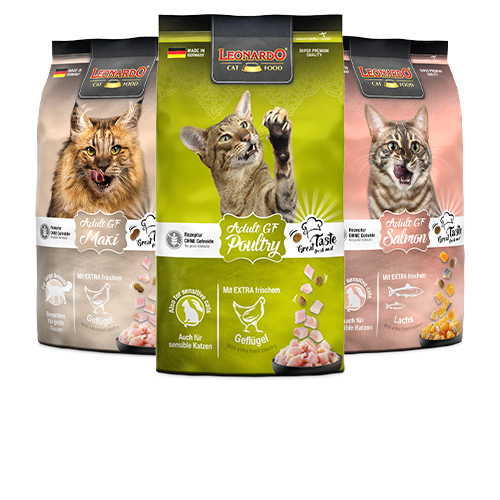 Leonardo Trockenfutter getreidefrei Produktübersicht Drei Produkte Leonardo Trockenfutter getreidefrei leicht versetzt hintereinander platziert vor einem weißen Hintergrund