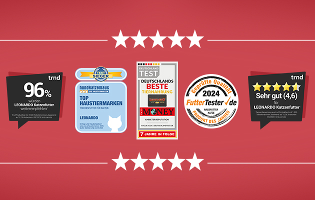 Fünf verschiedene Awards auf einem roten Hintergrund.