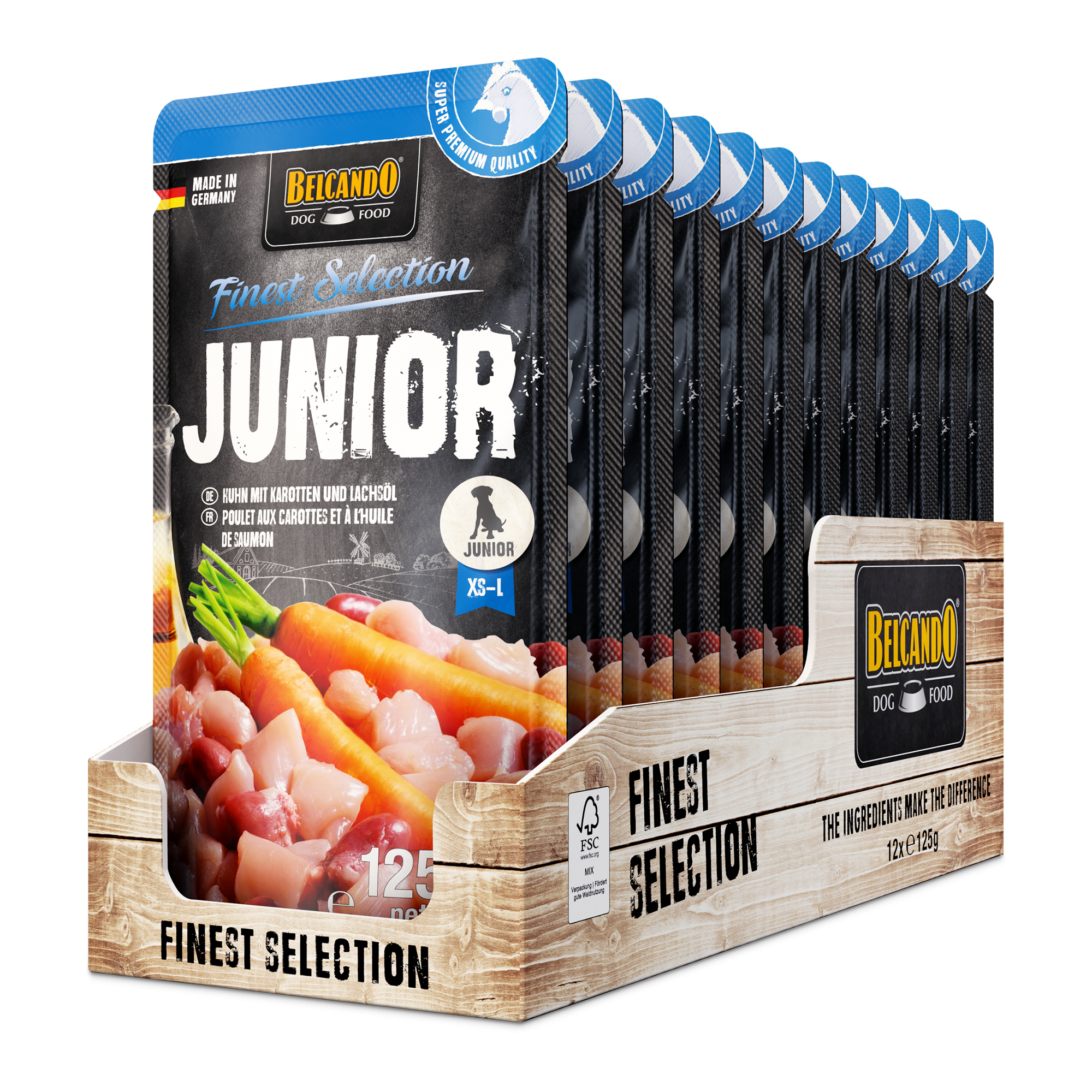 BELCANDO® Junior pollo con zanahorias y aceite de salmón